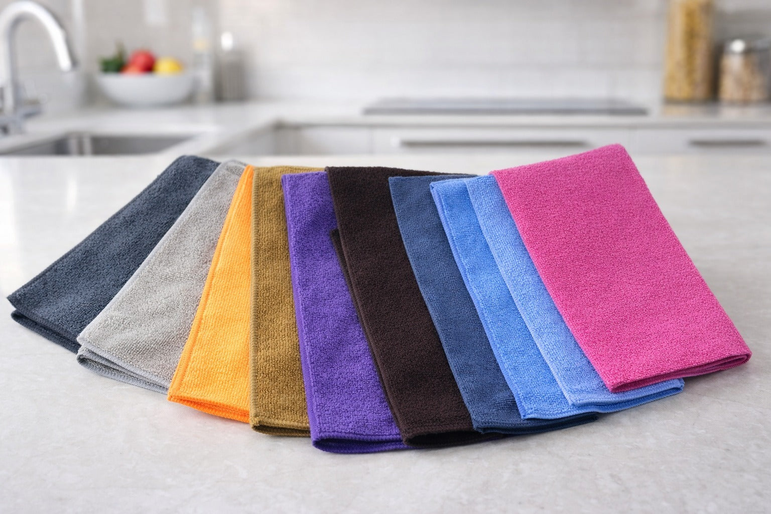 Vorre 220 GSM microfiber cleaning cloths in assorted colors fanned out on a kitchen counter, 6 pack.