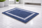 Navy blue rectangular bordered cotton mix bathmat, soft absorbent bathroom floor rug.