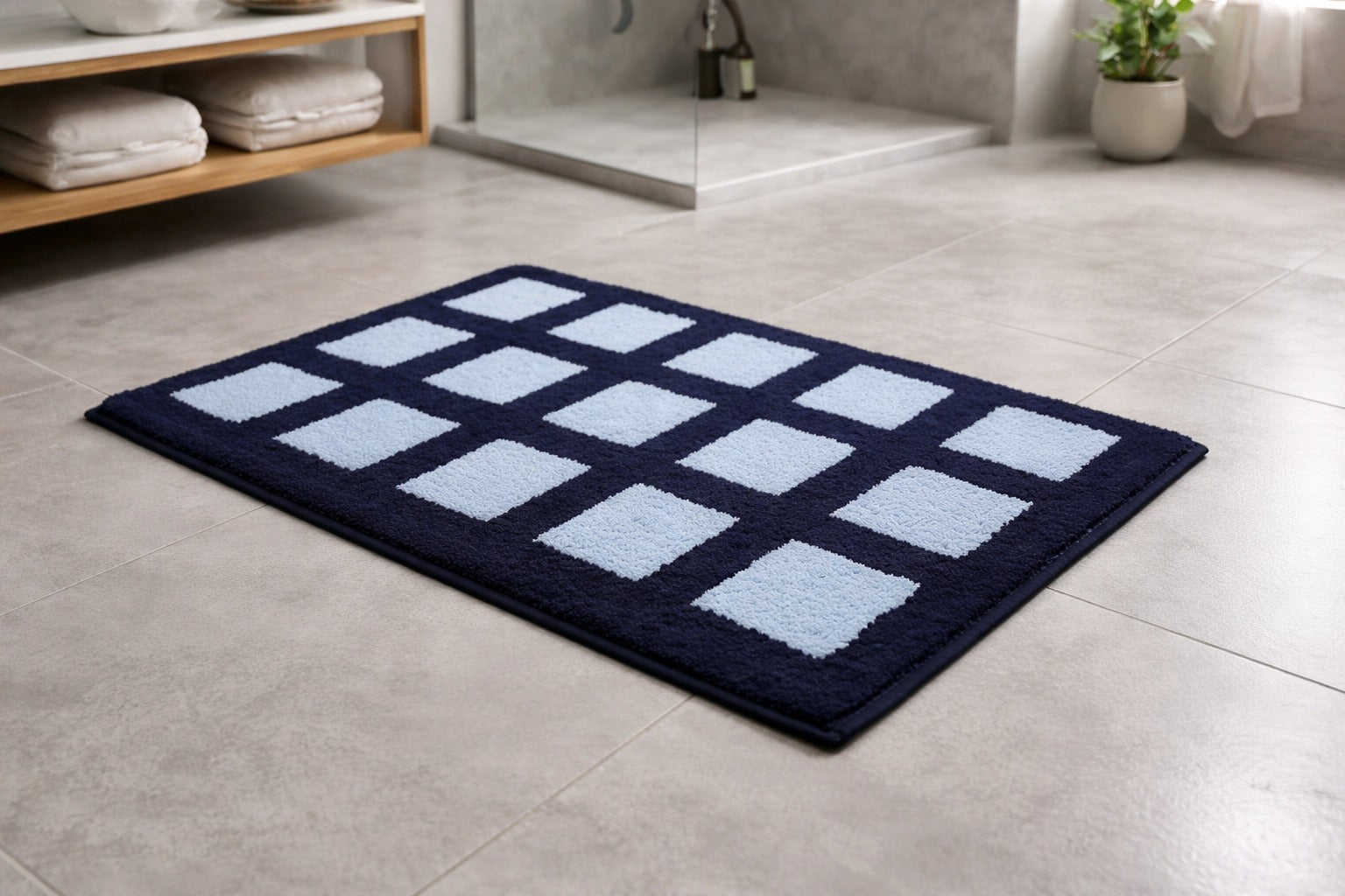 Navy blue Milan checkered style micro polyester bathmat with stable non-slip backing.