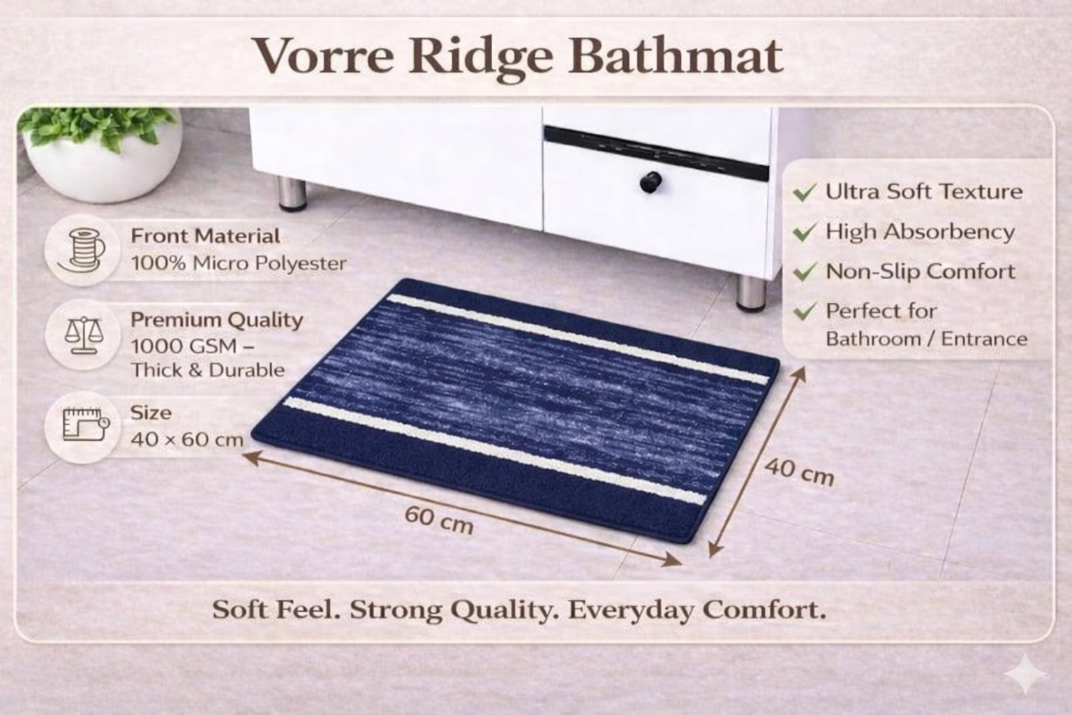 Navy blue Vorre ridge pattern micro polyester bathmat, 1000 GSM absorbent bathroom rug with dimensions.