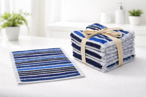 Navy blue striped premium cotton hand towels by Vorre, absorbent 550 GSM face towels.
