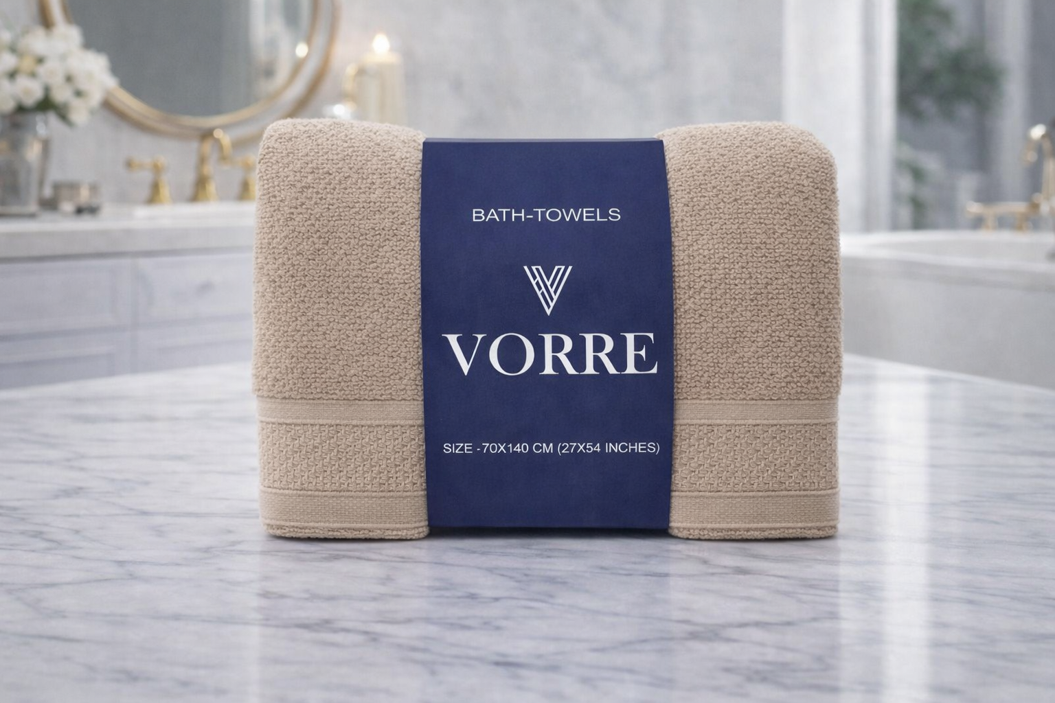 Packaged beige taupe Vorre Norvelle recycled cotton bath towel wrapped securely in a branded belly band.