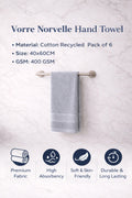 Vorre Norvelle hand towel infographic highlighting 40x60 cm size, 400 GSM weight, and recycled cotton fabric.