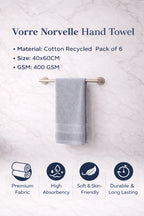 Vorre Norvelle hand towel infographic highlighting 40x60 cm size, 400 GSM weight, and recycled cotton fabric.