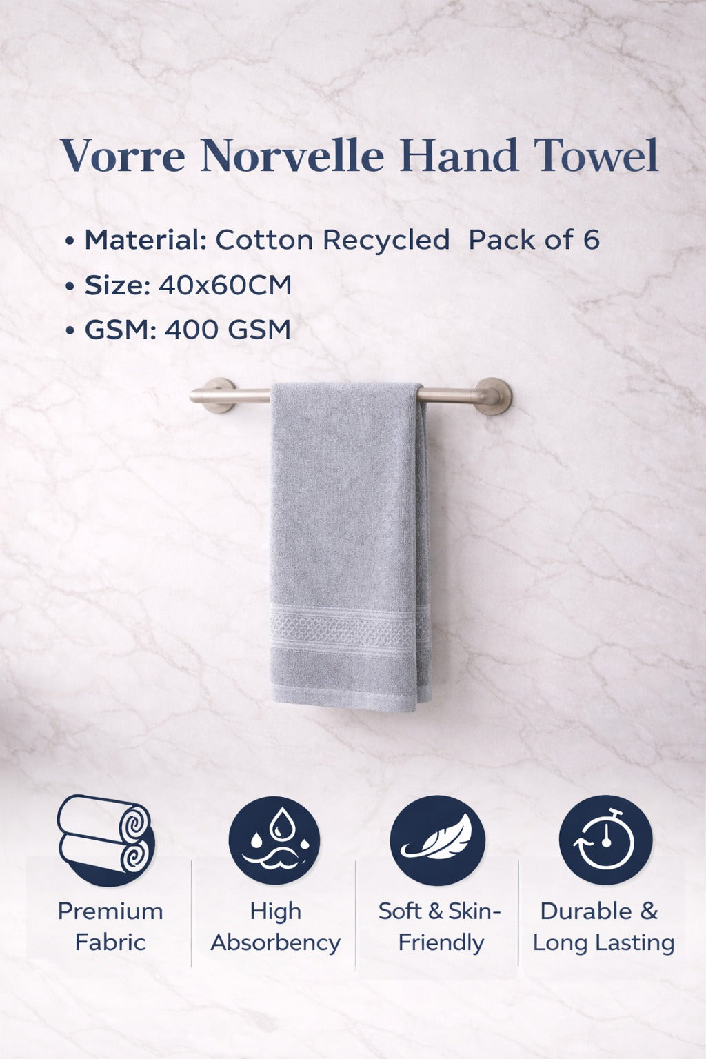 Vorre Norvelle hand towel infographic highlighting 40x60 cm size, 400 GSM weight, and recycled cotton fabric.