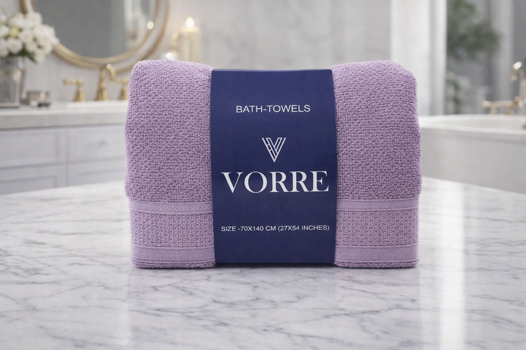 Packaged lavender purple Vorre Norvelle recycled cotton bath towel with a signature dark blue luxury paper wrapper sleeve.