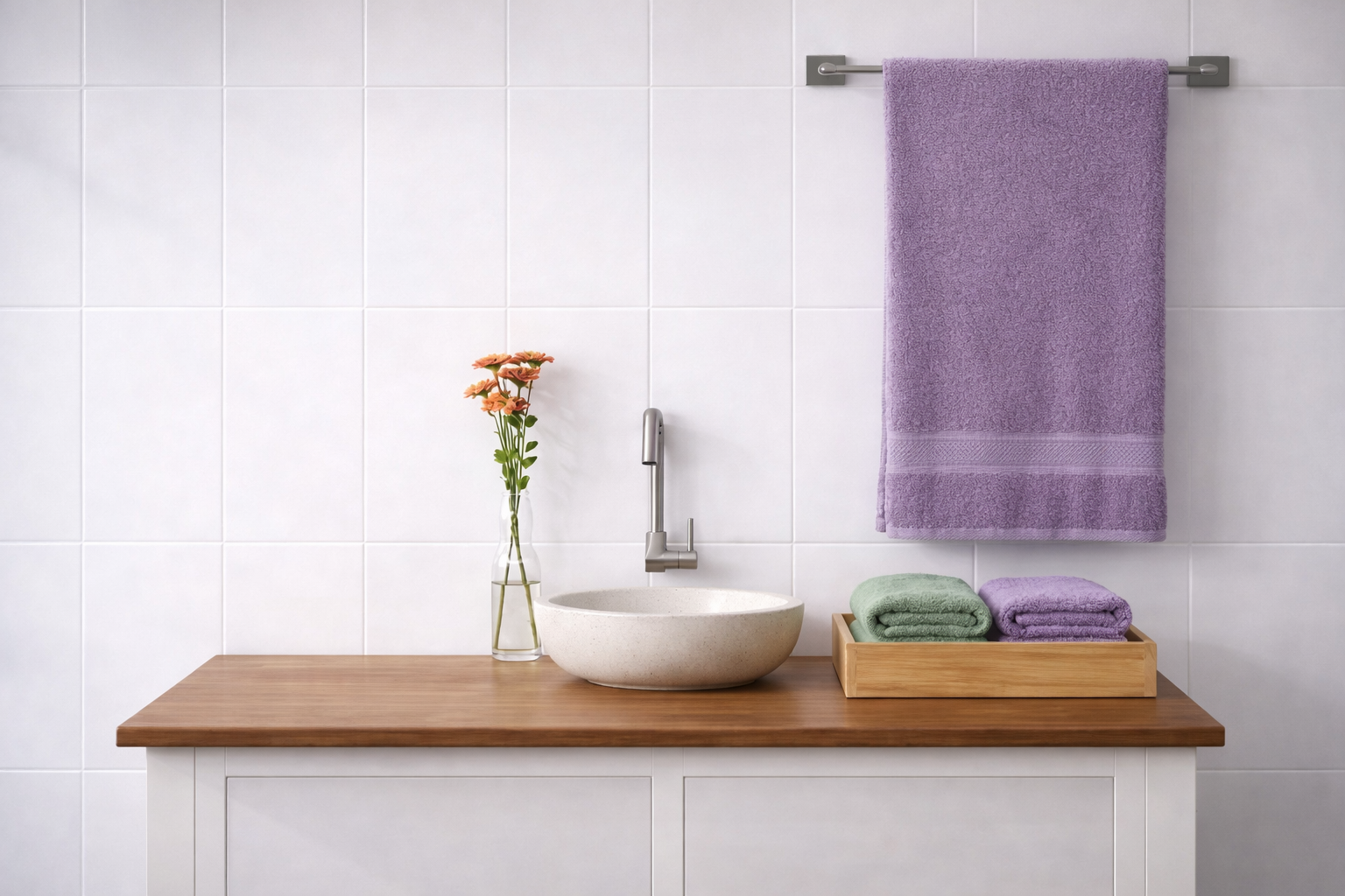 Elegant lifestyle bathroom banner showcasing a hanging lavender purple Vorre Norvelle recycled cotton bath towel next to a minimalist vanity with a stone basin sink.