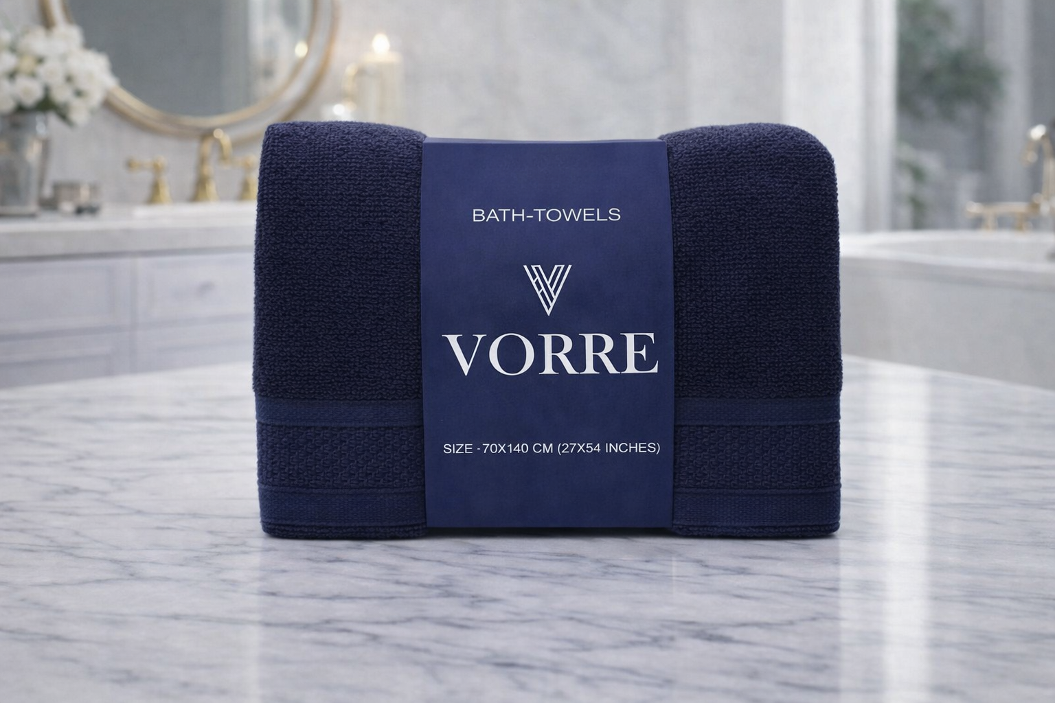 Packaged deep navy blue Vorre Norvelle recycled cotton bath towel featuring a dark blue luxury brand wrapper sleeve.