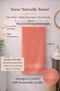 Vorre Pink Norvelle Bath Towel feature infographic highlighting the 400 GSM recycled cotton, plush terry loop fabric, elegant dobby borders, and 27x54 inches size specs.