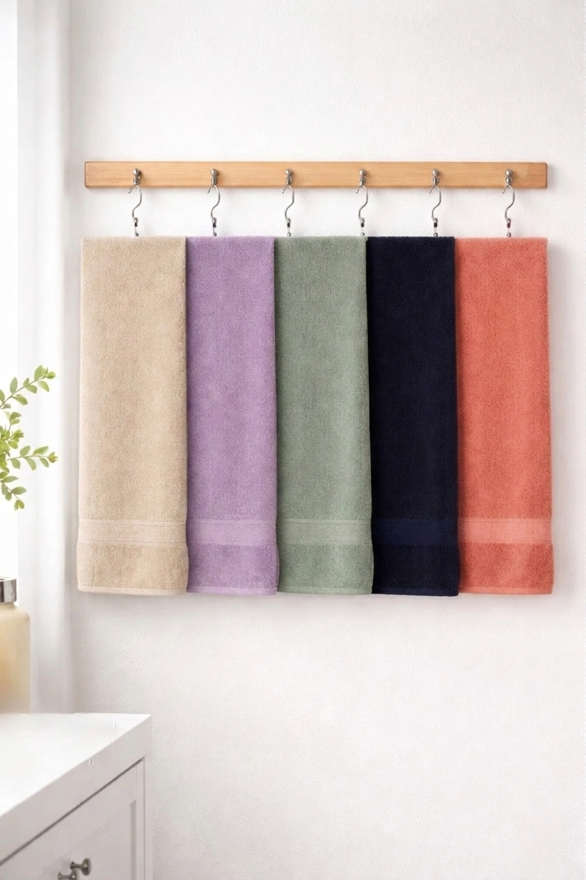 Five assorted colors of Vorre Norvelle recycled cotton bath towels featuring dobby borders hanging on a modern bathroom wooden hanger rack.
