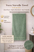 Vorre Norvelle Bath Towel feature infographic highlighting the 400 GSM recycled cotton, plush terry loop fabric, elegant dobby borders, and 27x54 inches size specs.