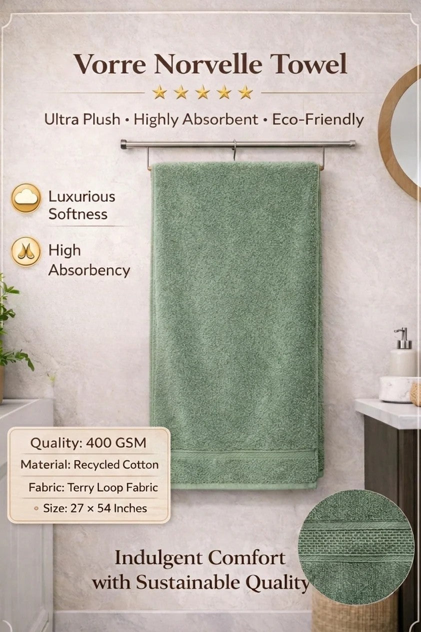Vorre Norvelle Bath Towel feature infographic highlighting the 400 GSM recycled cotton, plush terry loop fabric, elegant dobby borders, and 27x54 inches size specs.