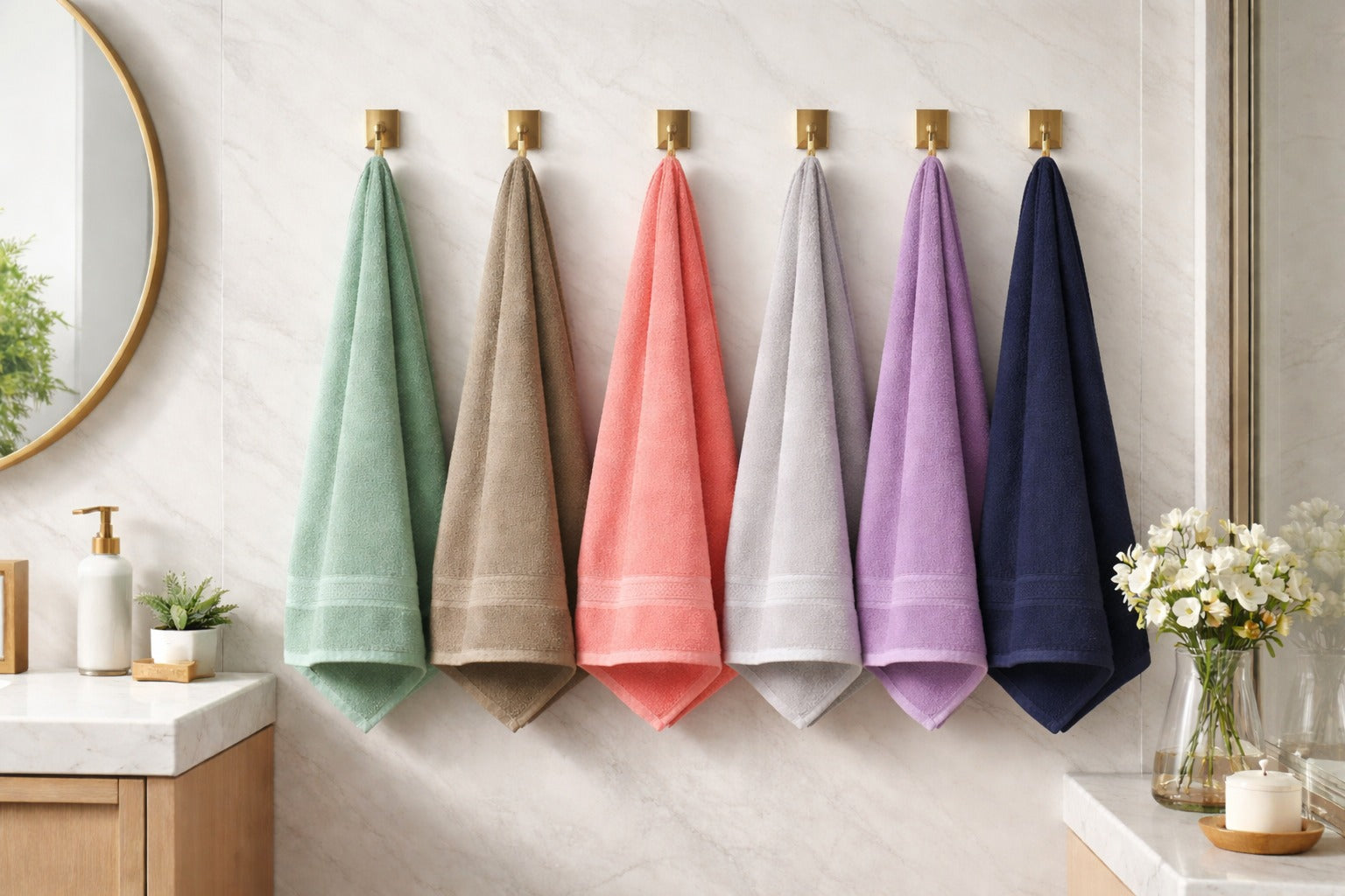 Vorre Norvelle 400 GSM recycled cotton hand towels in 6 assorted colors hanging on bathroom hooks.