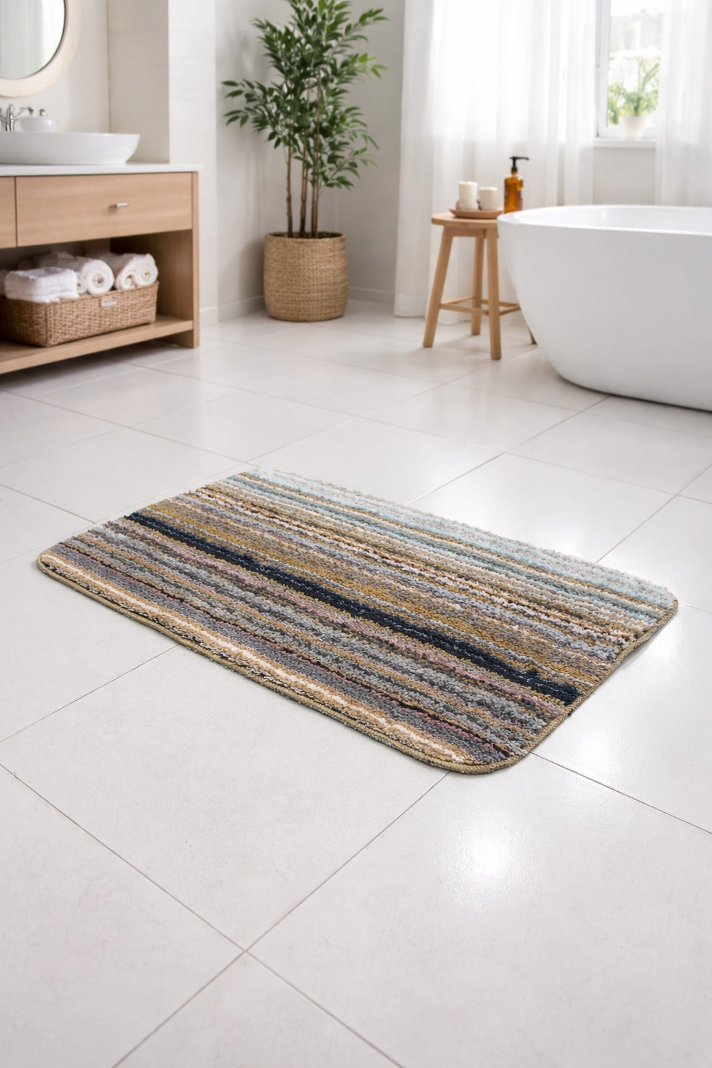 Vorre Osaka multi-color striped micro polyester bathmat, plush 1500 GSM absorbent bathroom rug.