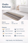 Vorre Osaka bathmat infographic detailing 40x60 cm dimensions, 1500 GSM weight, and quick-dry features.