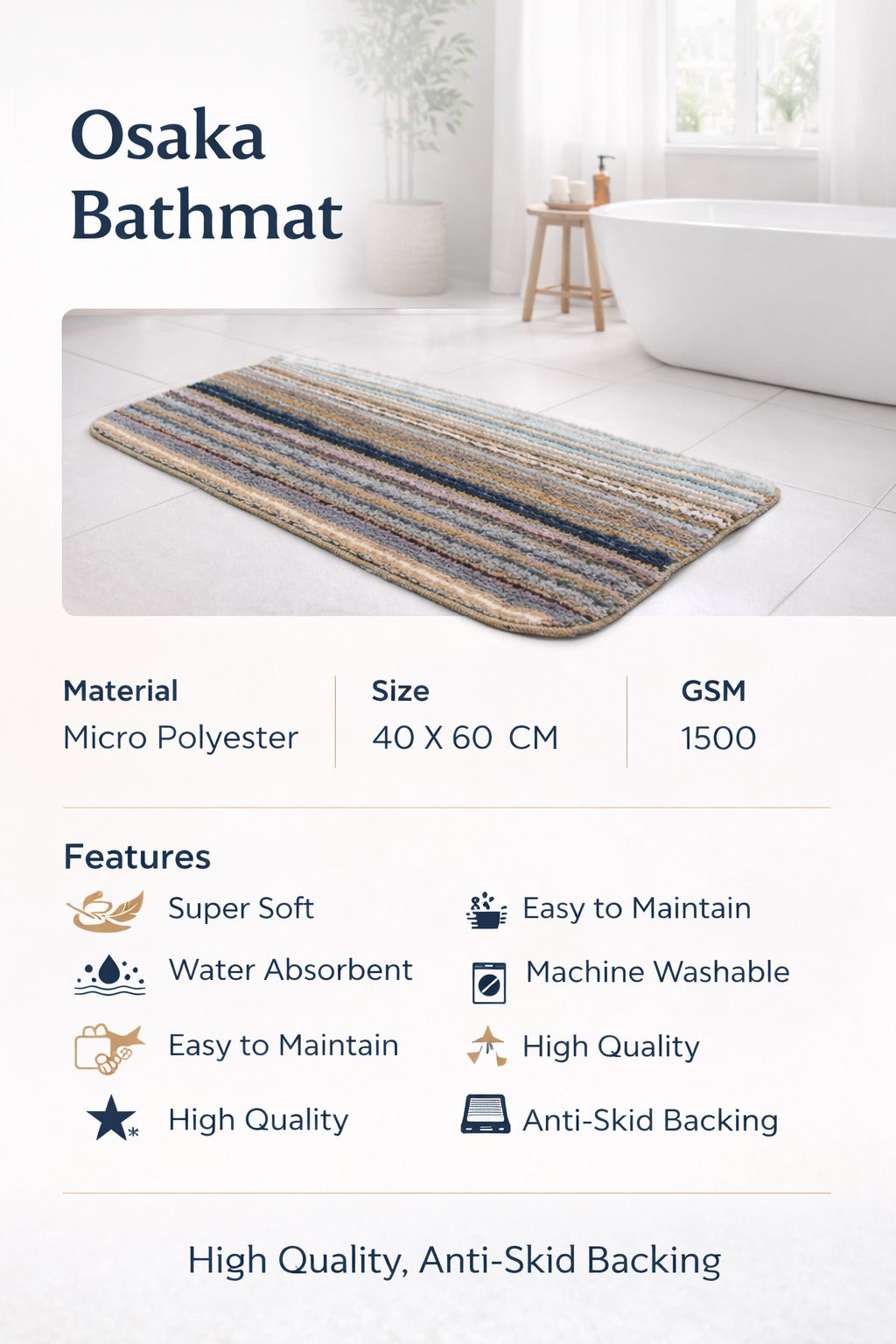 Vorre Osaka bathmat infographic detailing 40x60 cm dimensions, 1500 GSM weight, and quick-dry features.