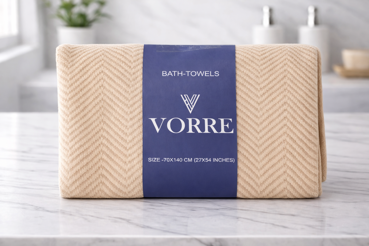 Packaged cream beige honeycomb pattern Vorre microfiber bath towel wrapped securely in a premium branded belly band.