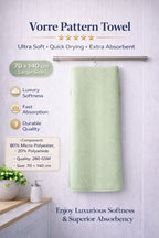 Vorre Pattern Bath Towel features infographic highlighting the 280 GSM lightweight microfiber, printed geometric styles, and 70x140 cm dimensions.