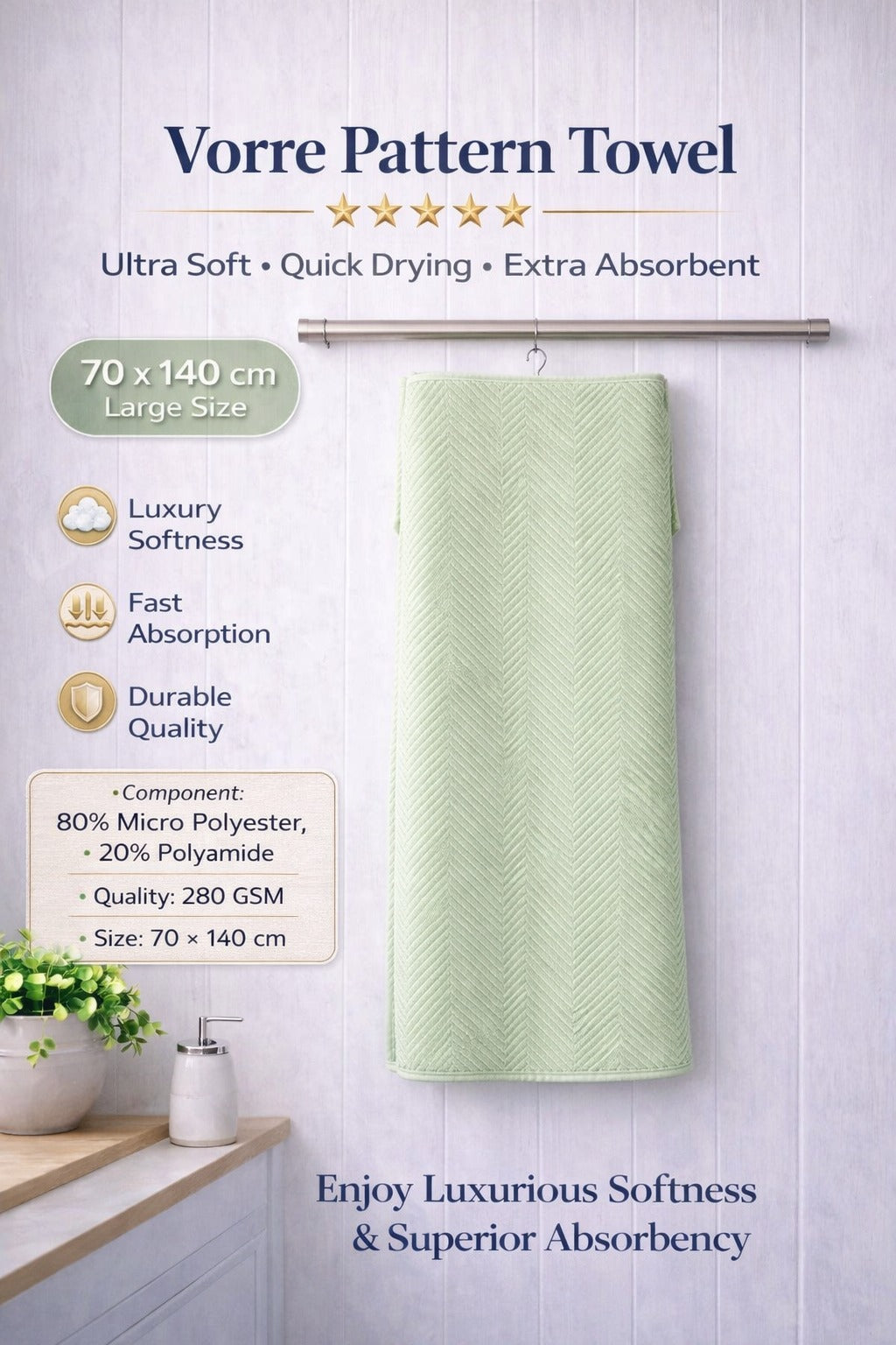 Vorre Pattern Bath Towel features infographic highlighting the 280 GSM lightweight microfiber, printed geometric styles, and 70x140 cm dimensions.