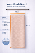 Vorre Peach Blush Bath Towel features infographic highlighting the 280 GSM lightweight fabric, lint-free quick-drying texture, and 70x140 cm size specs.