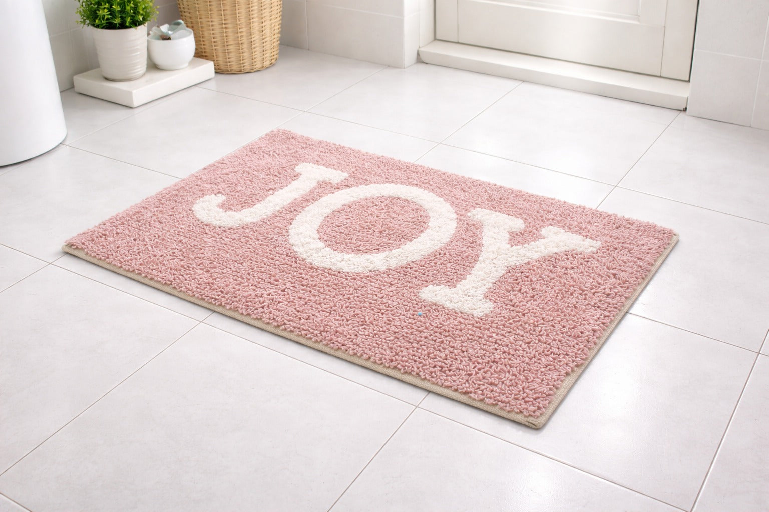 Blush pink Joy lettered recycled cotton bathmat, soft 1500 GSM typography shower rug.