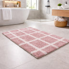 Pink mauve checkered grid style recycled cotton bathmat, skin-friendly washable shower rug.