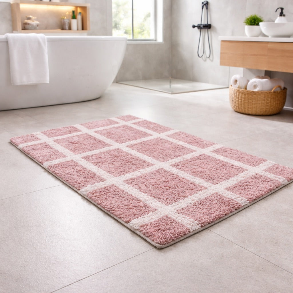 Pink mauve checkered grid style recycled cotton bathmat, skin-friendly washable shower rug.