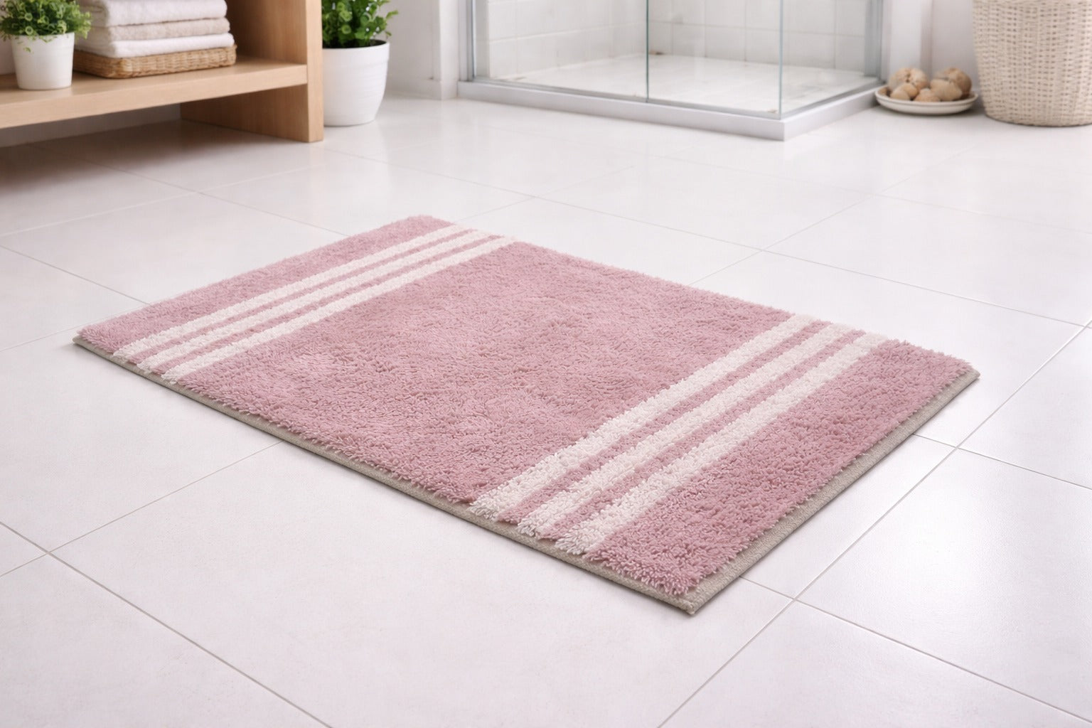 Soft pink mauve striped cotton mix bathmat, washable eco-friendly bathroom rug.