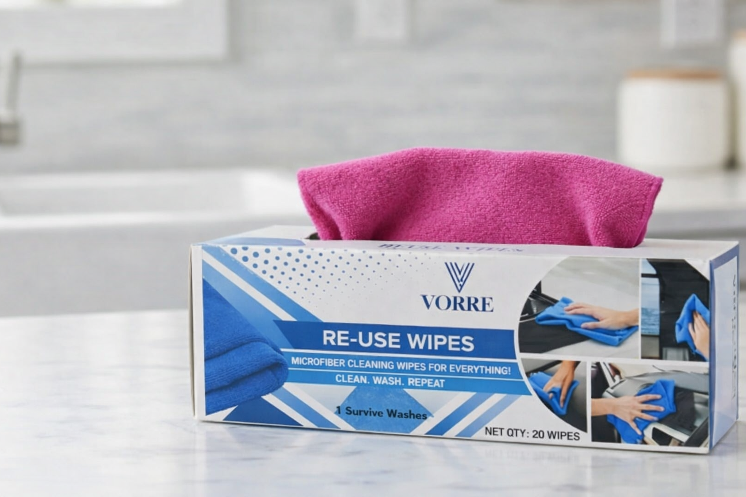 Vibrant pink Vorre reuse microfiber surface wipes, streak-free absorbent cleaning cloths.