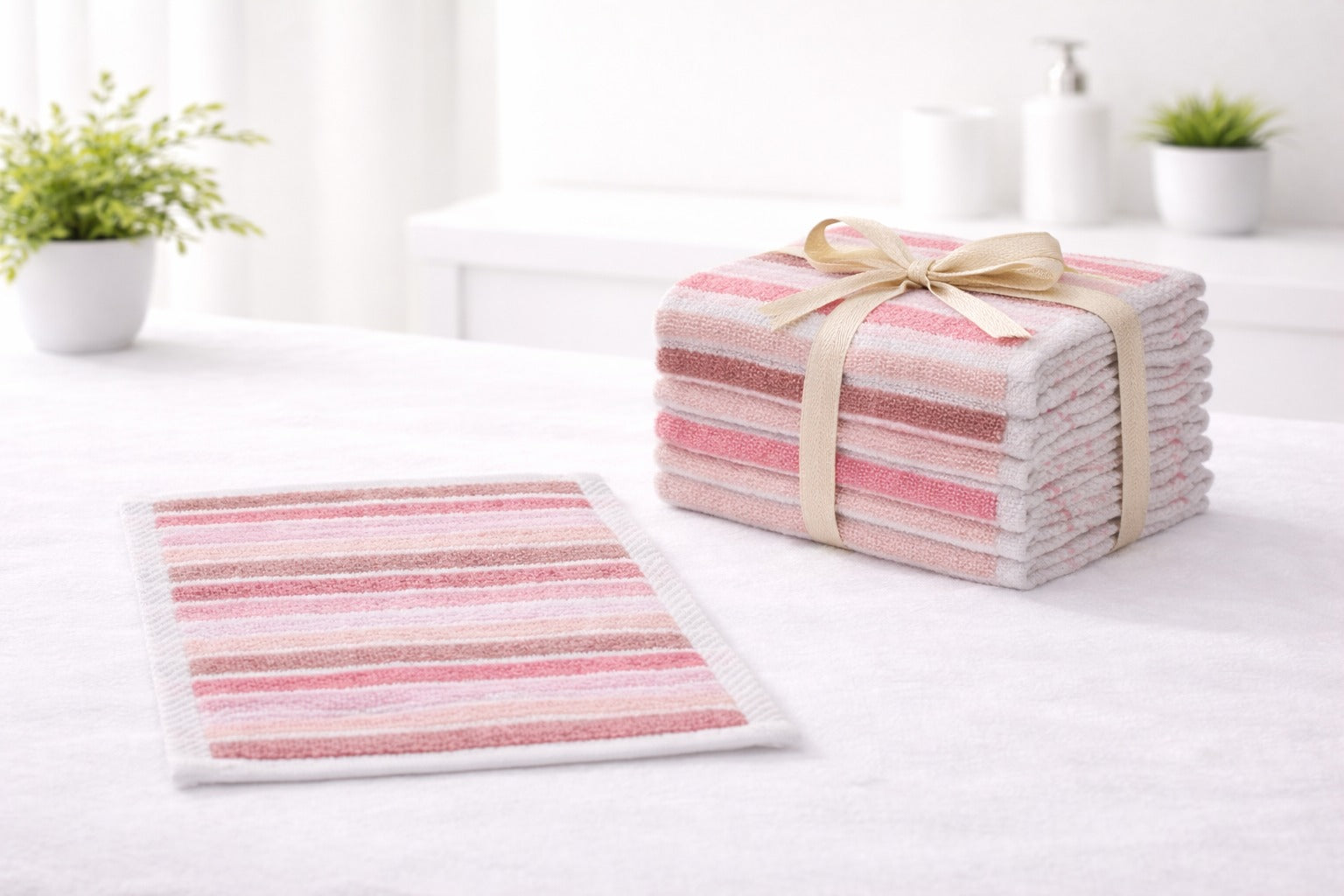 Vorre 550 GSM pink striped premium cotton hand towels stacked on a white bathroom counter, 12 pack.