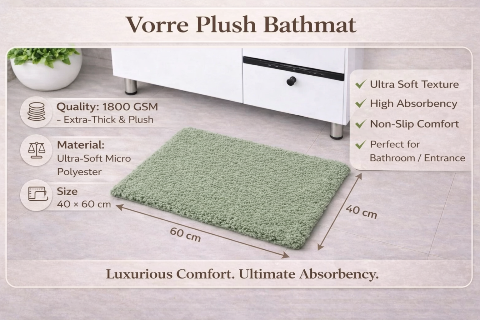 Specifications infographic for Vorre plush micro polyester bathmat detailing 1800 GSM and 40x60 cm size.
