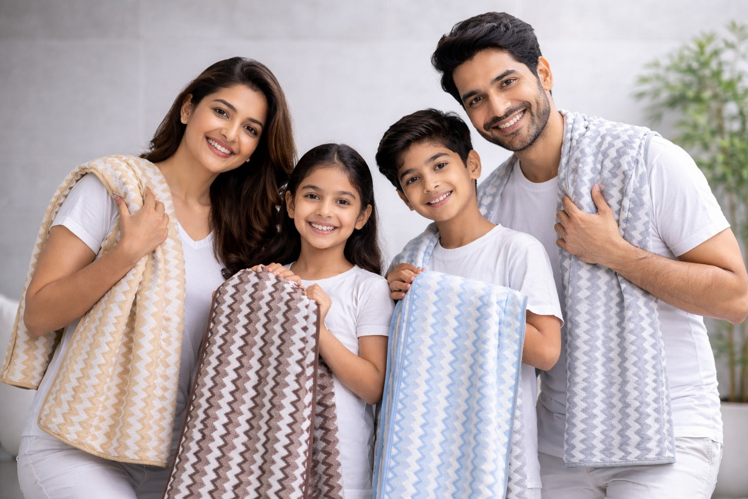 Happy smiling family of four modeling coordinated chevron zig-zag patterned Vorre Pure Edge microfiber bath towels in cream, brown, blue, and grey.
