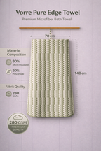 Vorre Green Pure Edge Bath Towel features infographic highlighting the 280 GSM lightweight microfiber, clean edge finish design, and 70x140 cm dimensions.