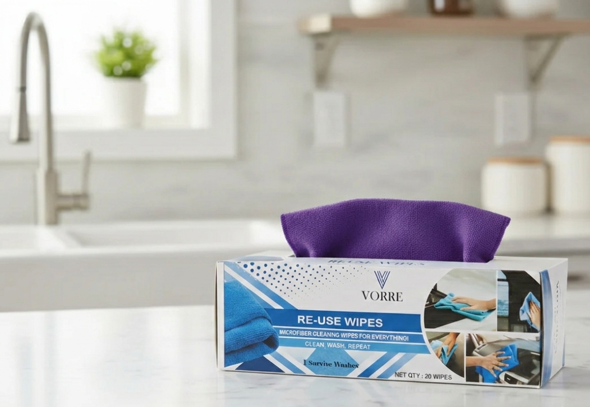 Purple Vorre reuse microfiber cleaning wipes in a convenient pull-out dispenser box.
