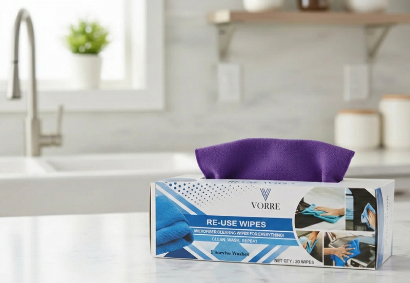 Purple Vorre reuse microfiber cleaning wipes in a convenient pull-out dispenser box.
