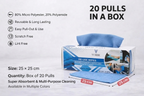 Vorre microfiber cleaning wipes infographic showing 25x25 cm size and 20 pulls per box.