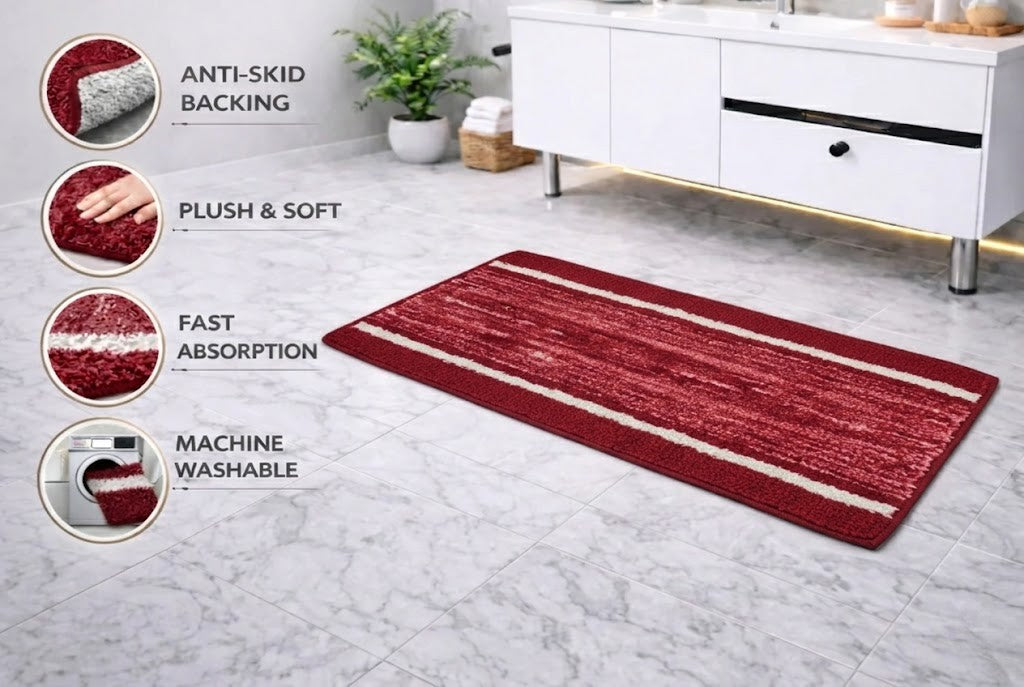 Maroon red ridge pattern micro polyester bathmat feature graphic showing non-slip backing icons.