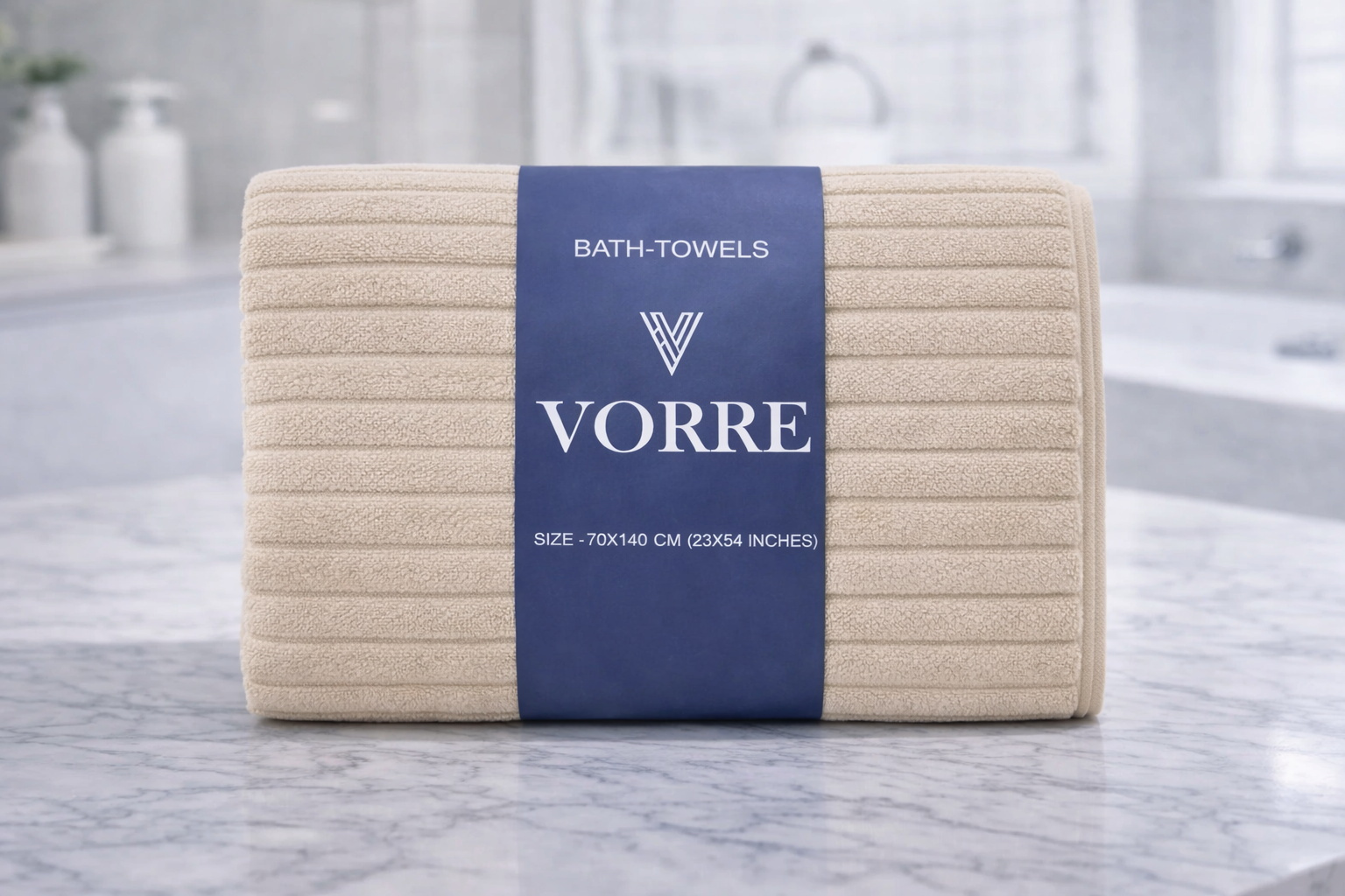 Packaged cream beige ribbed texture Vorre microfiber bath towel wrapped securely in a premium branded belly band.