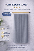 Vorre Ripped Bath Towel features infographic highlighting the 280 GSM lightweight microfiber, textured ripped design, and 70x140 cm dimensions.
