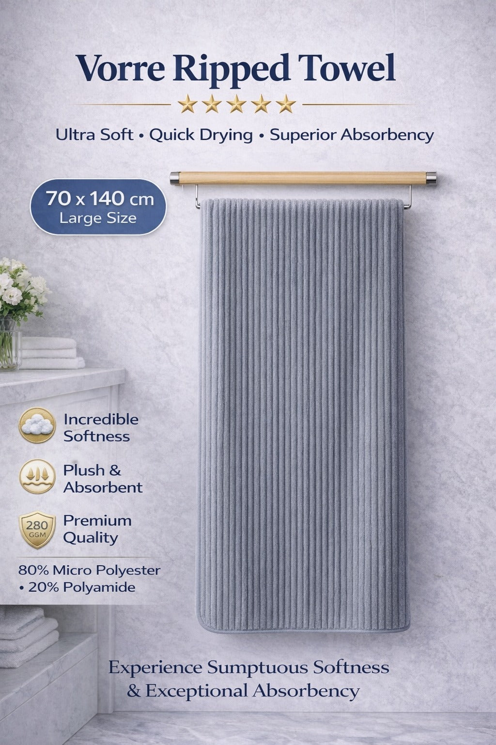 Vorre Ripped Bath Towel features infographic highlighting the 280 GSM lightweight microfiber, textured ripped design, and 70x140 cm dimensions.