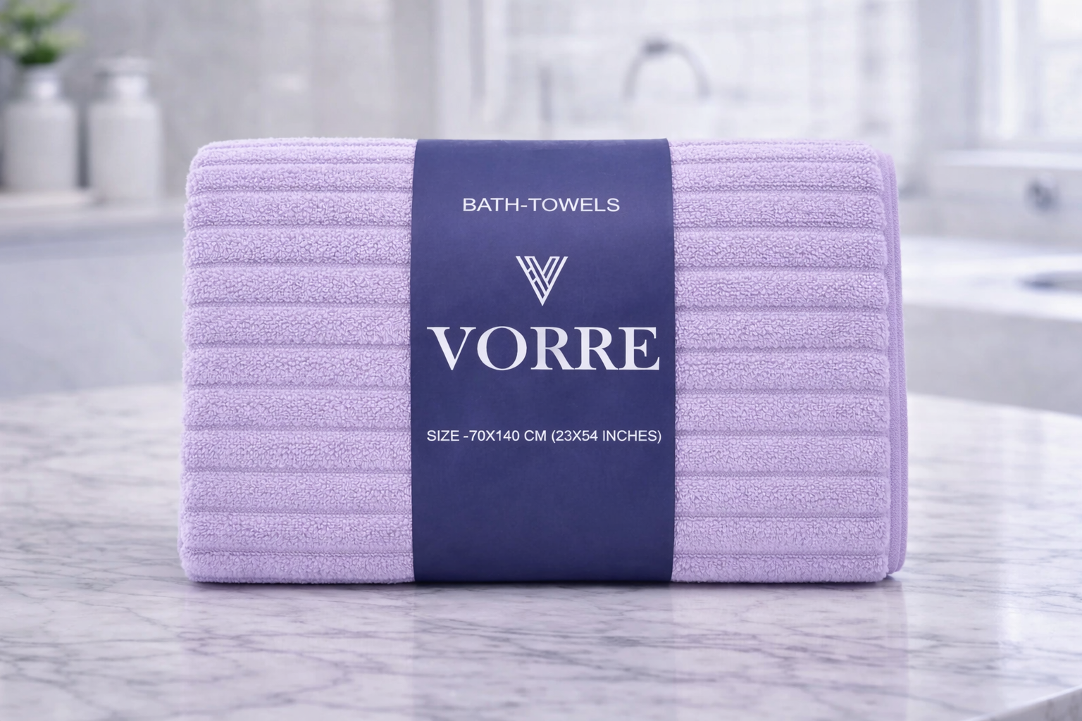 Packaged lavender purple ribbed texture Vorre microfiber bath towel showing a signature navy product wrapper band.