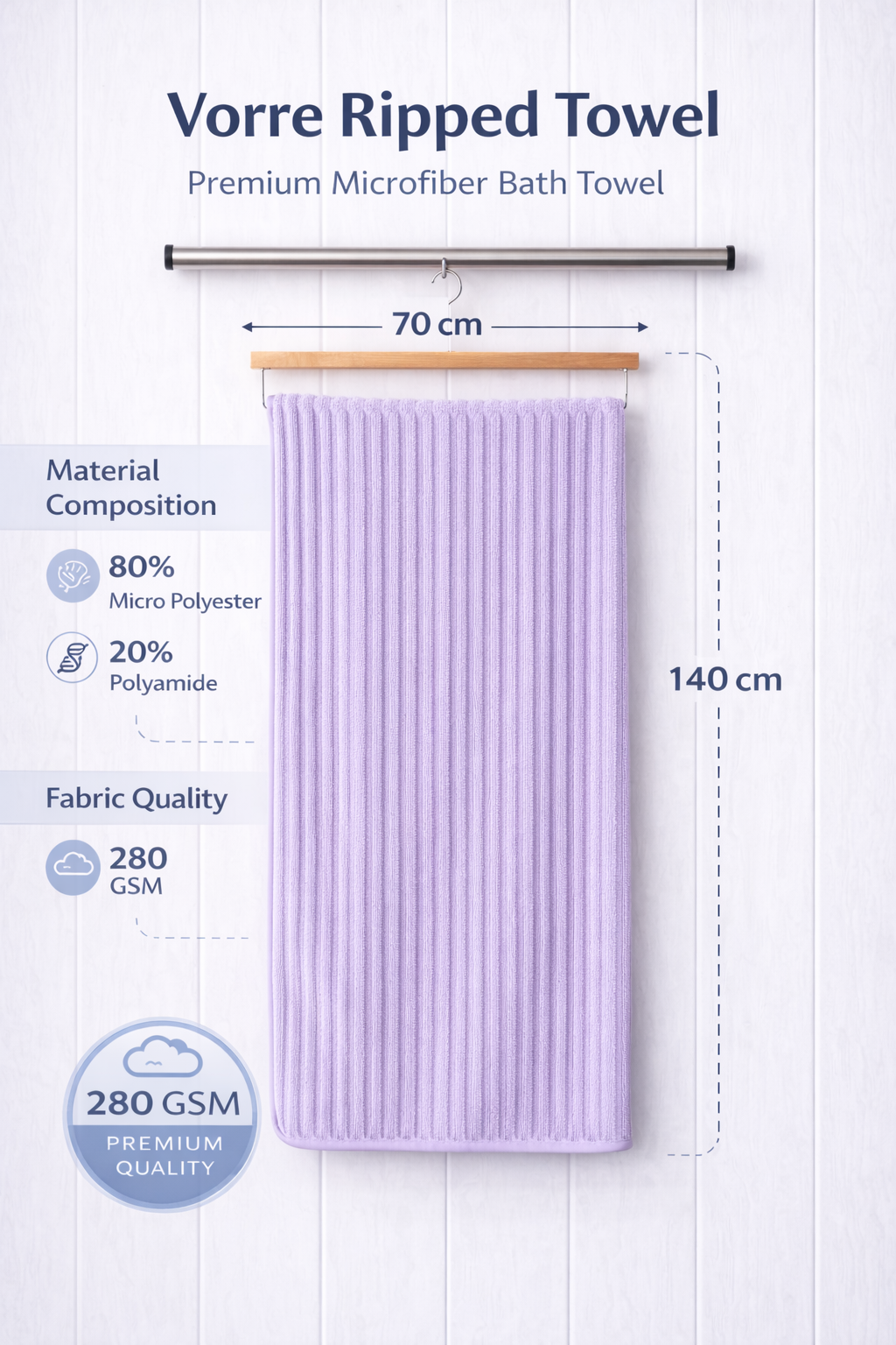 Lavender purple Vorre Ripped microfiber bath towel, 280 GSM quick-dry ribbed body towel hanging on a modern bathroom rod.