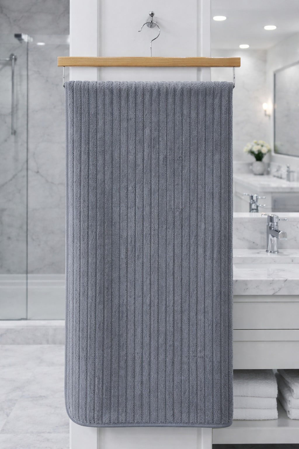 Slate grey textured ribbed Vorre microfiber bath towel, compact quick-drying body sheet for gym, spa, and home use.