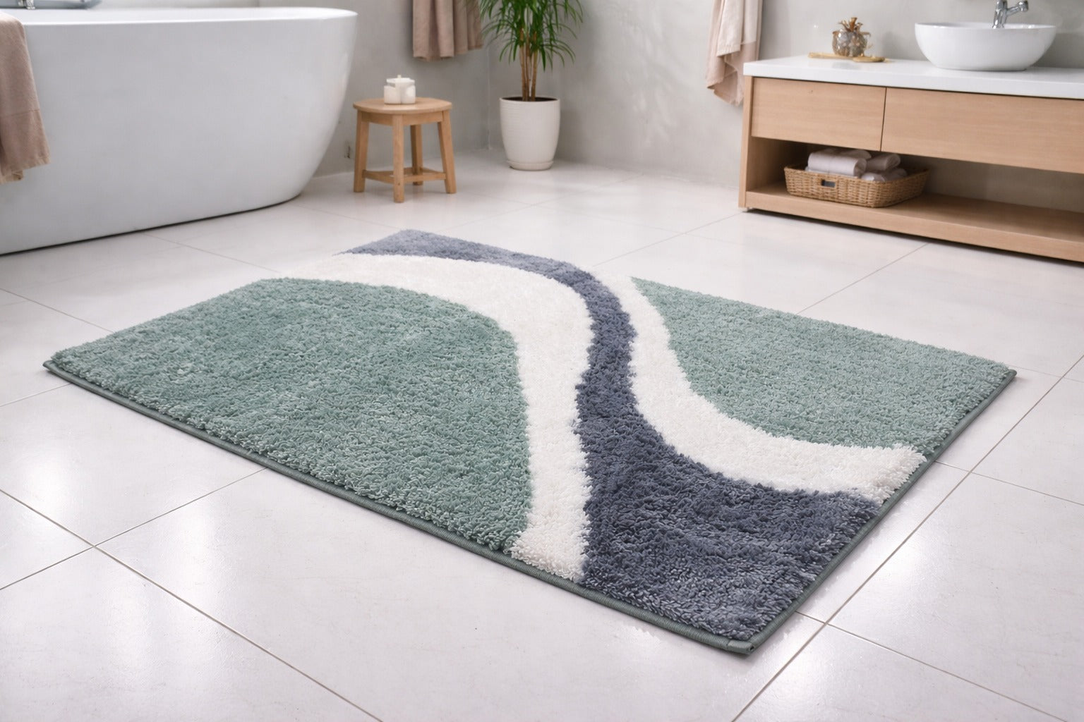 Sage green Skylark wave design micro polyester bath rug, soft plush 2400 GSM shower mat.