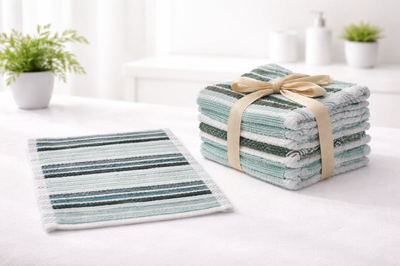 Sage green striped premium cotton washcloths 12 pack, soft skin-friendly face towels.