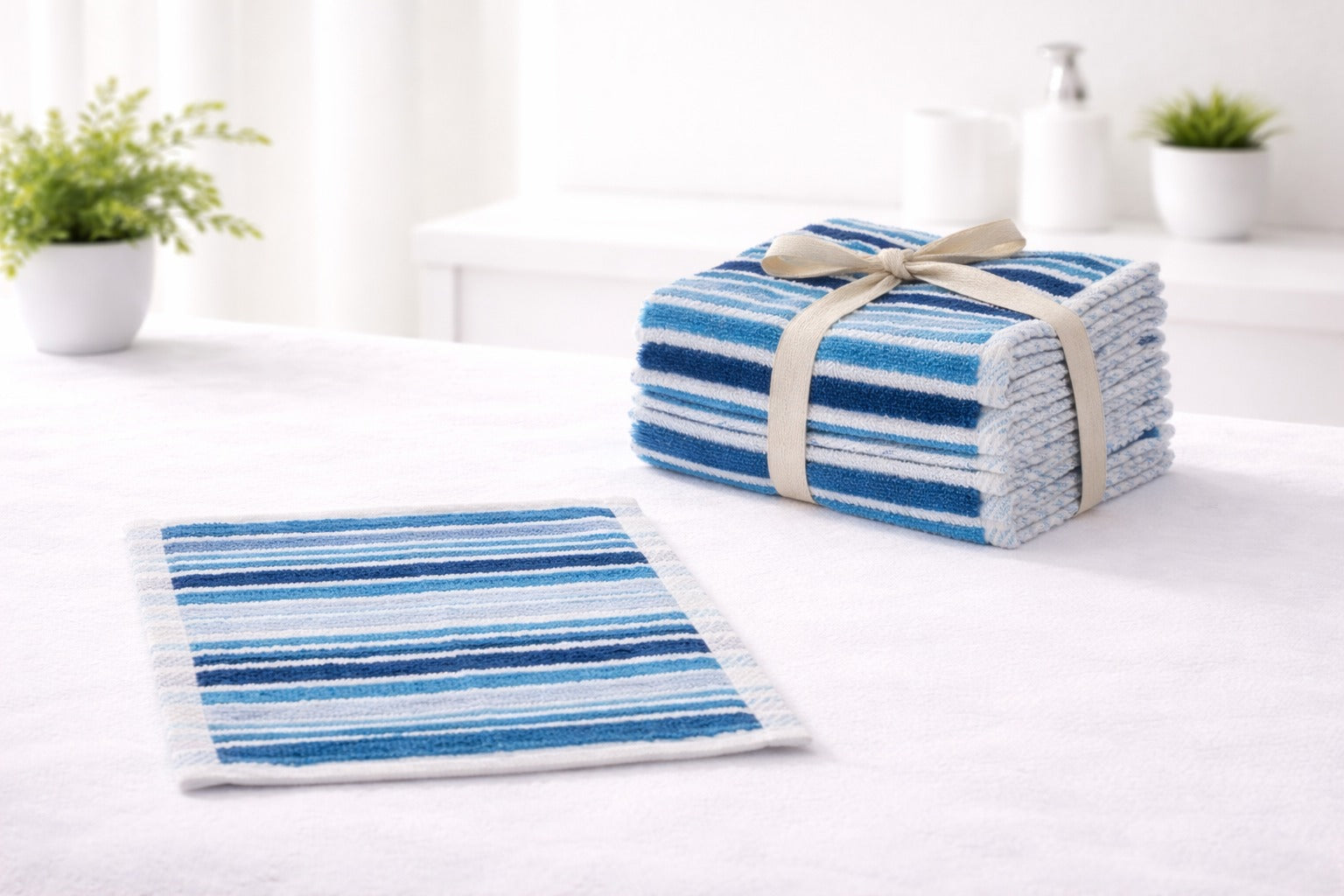 Sky blue striped Vorre premium cotton hand towels, durable 30x30 cm square towels for home.
