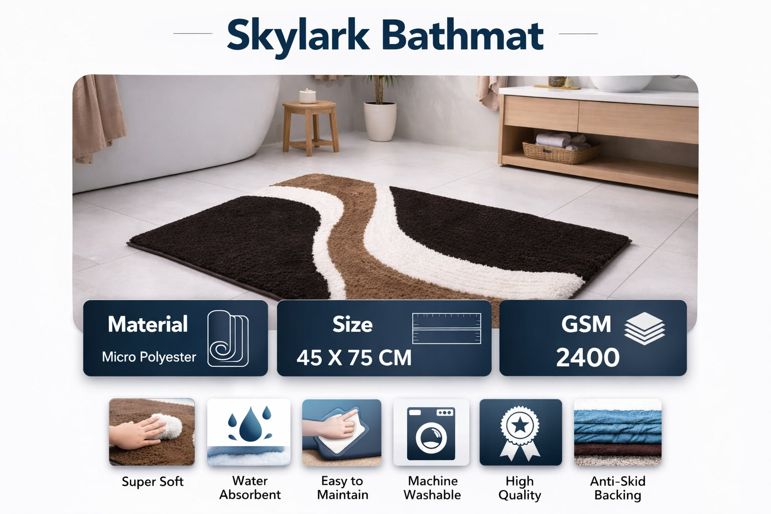 Vorre Skylark bathmat infographic detailing 45x75 cm size, 2400 GSM quality, and safety features.