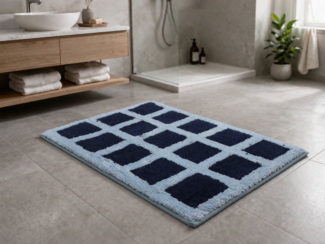 Slate blue Milan geometric block pattern micro polyester bathmat, plush 1800 GSM shower rug.