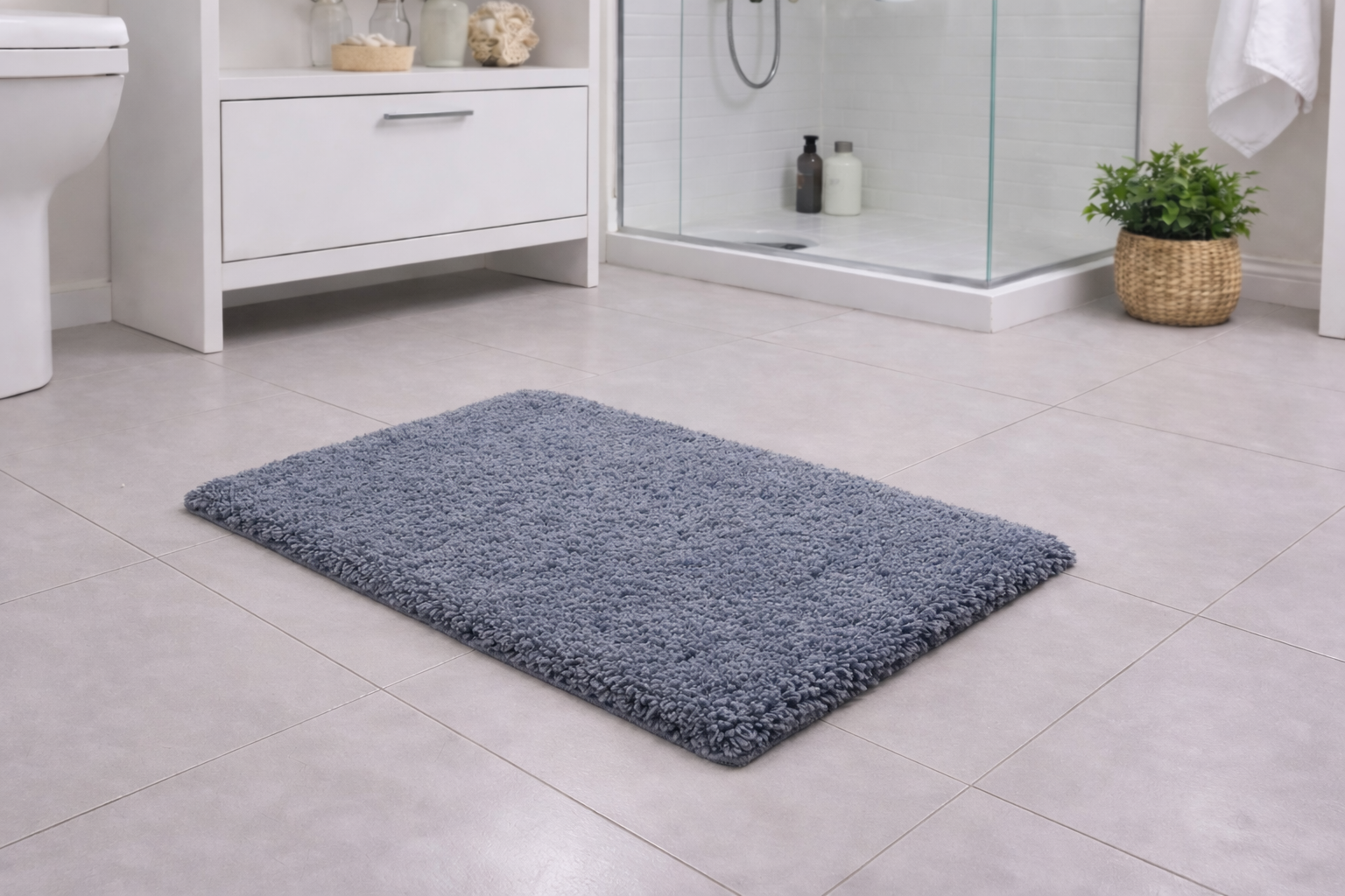Slate blue rabbit plush texture micro polyester bath rug, thick absorbent 1800 GSM toilet mat.