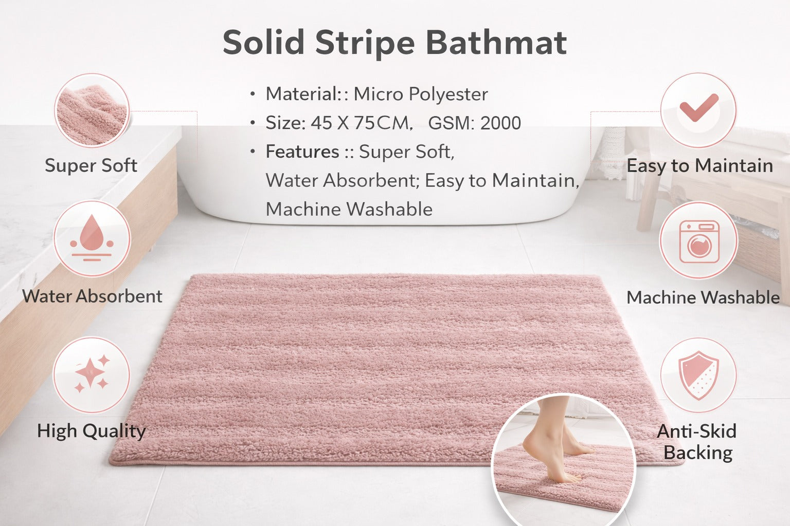 Vorre solid stripe bathmat infographic detailing 45x75 cm dimensions, 2000 GSM density, and anti-skid features.